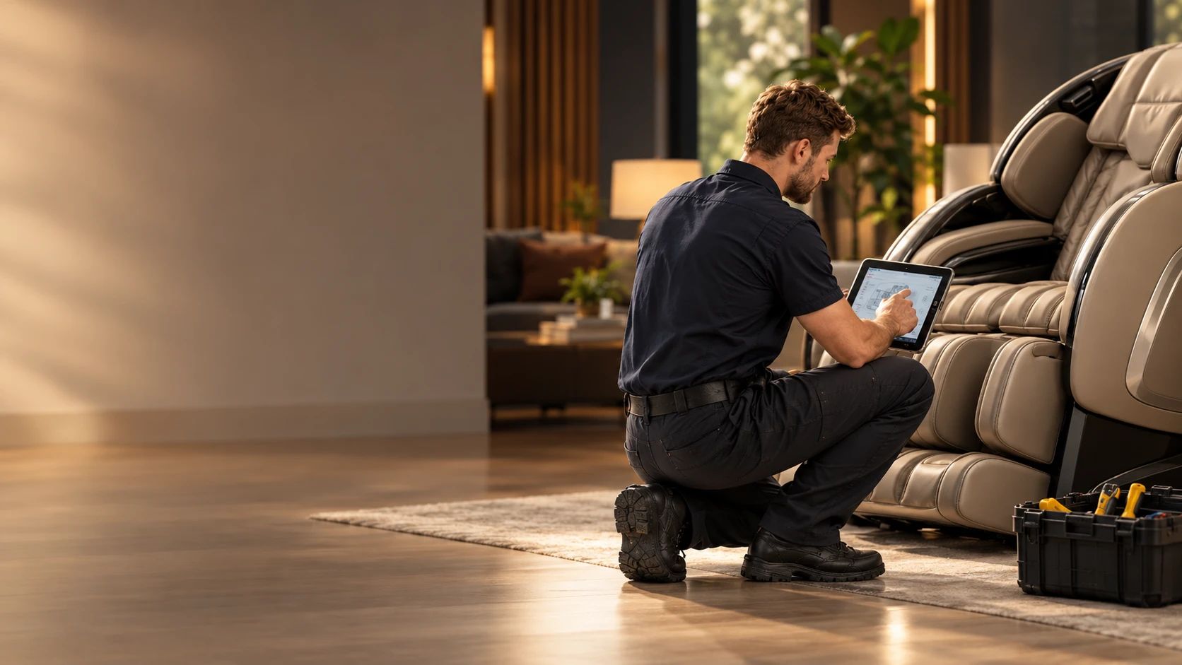 A technician kneels beside a massage chair in a living room, checking it on a tablet.